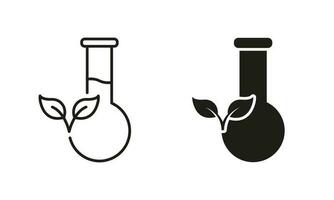 fles met blad lijn en silhouet icoon set. biologie Onderzoek experiment. uitrusting voor chemisch symbool verzameling Aan wit achtergrond. biologisch wetenschappelijk laboratorium. geïsoleerd vector illustratie.