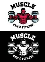 bodybuilder mascotte logo met spier Mens houden twee halter vector