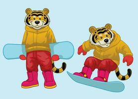 reeks van tekenfilm tijger mascotte rijden snowboard vector