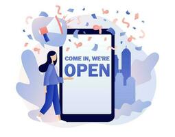 komen in wij zijn Open - groot tekst Aan smartphone scherm. wij zijn werken opnieuw na quarantaine. heropening vestigingen, cafe, winkel, op te slaan, salon. modern vlak tekenfilm stijl. vector illustratie