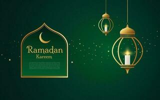 Ramadan thema luxe achtergrond met groen kleur versierd met typisch Arabisch lamp ornamenten. vector