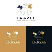 reizen vector icoon ontwerp. heet lucht ballon, golven en palm logo. tropisch logo sjabloon.