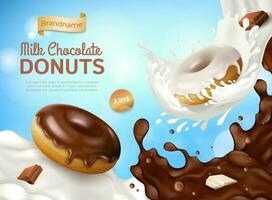 realistisch gedetailleerd 3d melk chocola donuts advertenties banier concept poster kaart. vector