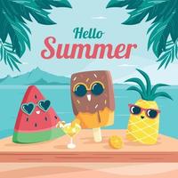 hallo zomer met schattige voedselkarakters vector