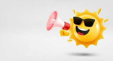 gelukkig zon emoji met megafoon in een hand. 3d vector banier met kopiëren ruimte