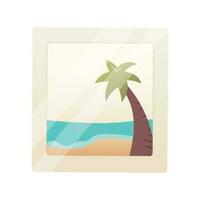 vector illustratie van een vakantie foto kaart met een strand landschap van de zee en palm bomen.