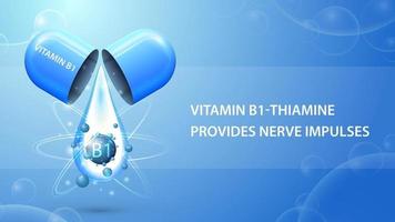 vitamine b1, blauwe informatieposter met abstracte pilcapsule met druppel vitamine b1 vector