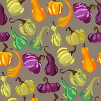 vector naadloos patroon van veelkleurig pompoenen in een vlak stijl Aan een grijs achtergrond. perfect voor herfst seizoensgebonden omhulsel papier, schermbeveiligingen, textiel, halloween kaarten behang Purper oranje groen