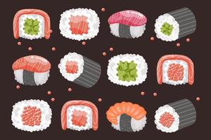 reeks van sushi broodjes en eetstokjes Aan een donker achtergrond. Aziatisch voedsel pictogrammen, restaurant menu, vector