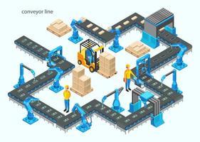automatisch fabriek met transportband lijn en robot armen. bijeenkomst werkwijze. vector illustratie