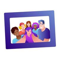 mensen groep selfie. vriendelijk vent maakt groep foto met glimlachen vrienden Aan smartphone camera in handen, nemen zelf portret foto's. telefoon fotografie vector tekenfilm illustratie.