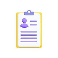 3d vector geel klembord met document, medisch ID kaart kaart, plastic kaart, persoonlijk identiteit hervat samenvatting kantoor insigne icoon