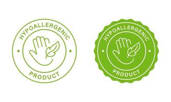 veilig hypoallergeen Product postzegels set. groen etiket voor hypoallergeen veilig cosmetica. allergeen vrij stickers. hand- en veer icoon. goedgekeurd hypoallergeen materiaal. geïsoleerd vector illustratie.