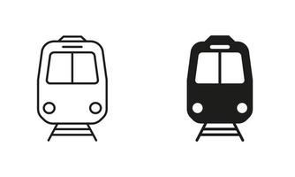 trein lijn en silhouet zwart icoon set. spoorweg station pictogram. stad elektrisch openbaar voertuig vervoer teken, vracht locomotief schets en solide symbool verzameling. geïsoleerd vector illustratie.