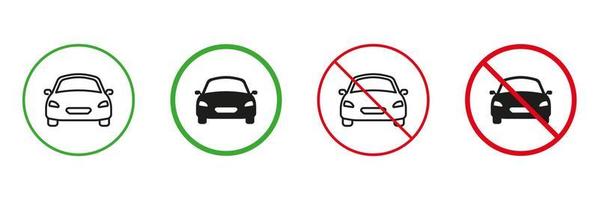 voertuig auto auto lijn en silhouet pictogrammen set. auto- rit rood en groen weg tekens. toestaan en niet toegestaan auto- vervoer symbool verzameling. geïsoleerd vector illustratie.