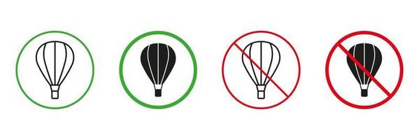 lucht ballon mand rood en groen weg waarschuwing tekens. toestaan en niet toegestaan heet lucht ballon zone pictogram. voorzichtigheid hete lucht ballon lijn en silhouet pictogrammen set. geïsoleerd vector illustratie.