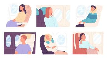 mensen slapen gedurende vlucht in vliegtuigen. vector illustratie.