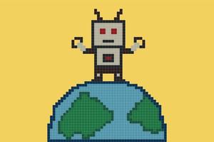 schattig pixel tekenfilm 8 beetje karakter robot of ai Aan aarde wereld pixel kruis steek stijl kan babbelen leren ai technologie robot voor onderwijs berekenen babbelen bot vector. vector