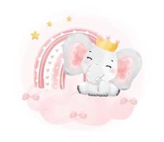 schattig gelukkig vrolijk glimlach baby roze olifant meisje en boho regenboog Aan roze wolk, aanbiddelijk kinderkamer verjaardag dieren in het wild dier aquarel tekenfilm illustratie vector