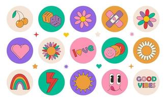 groovy hippie jaren 70 set. grappig tekenfilm bloem, regenboog, vrede, liefde, hart, madeliefje, paddestoel enz. sticker pak in modieus retro psychedelisch tekenfilm stijl. geïsoleerd vector illustratie. bloem stroom.