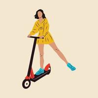 jong vrouw karakter met rugzak rijden modern stedelijk vervoer elektrisch trap scooter. actief hipster volwassen millennial toepassingen levensstijl ecologie technologieën. jong vrouw karakter met rugzak vector