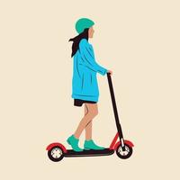 jong vrouw karakter met rugzak rijden modern stedelijk vervoer elektrisch trap scooter. actief hipster volwassen millennial toepassingen levensstijl ecologie technologieën. jong vrouw karakter met rugzak vector