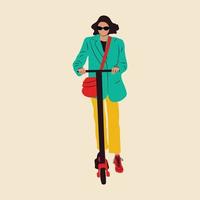 jong vrouw karakter met rugzak rijden modern stedelijk vervoer elektrisch trap scooter. actief hipster volwassen millennial toepassingen levensstijl ecologie technologieën. jong vrouw karakter met rugzak vector