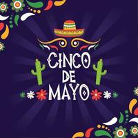 Purper cinco de mayo poster met traditioneel hoed tekst en cactus vector illustratie