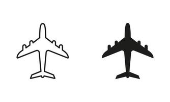 vliegtuig lijn en silhouet zwart icoon set. luchtvaart Jet, lucht vlak pictogram. reizen toerisme door vliegtuig schets en solide symbool verzameling Aan wit achtergrond. geïsoleerd vector illustratie.