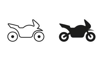 motorfiets lijn en silhouet zwart icoon set. sport motor pictogram. motor fiets vervoer schets en solide symbool verzameling. motorfiets, scooter, motor teken. geïsoleerd vector illustratie.