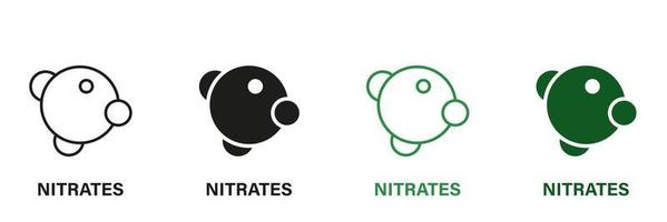 nitriet ingrediënt lijn en silhouet icoon set. biologisch voeding groen en zwart pictogram. moleculair nitraten additieven symbool verzameling Aan wit achtergrond. geïsoleerd vector illustratie.