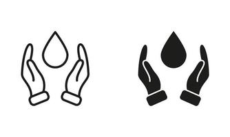 hand- beschermen water silhouet en lijn icoon set. twee hand- en laten vallen icoon. opslaan en bescherming van water. teken verzameling over ecologie behoud. geïsoleerd vector illustratie.