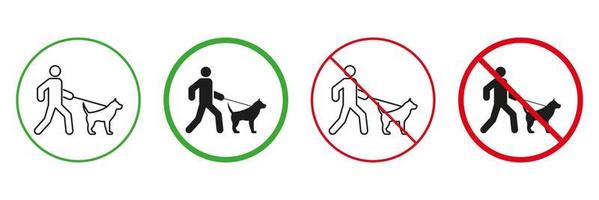 zone voor wandelen hond rood en groen waarschuwing tekens. mannetje en huisdier Aan riem wandelen lijn en silhouet pictogrammen set. toegestaan en verboden wandelen dier Oppervlakte pictogram. geïsoleerd vector illustratie.
