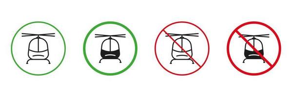 helikopter rood en groen weg waarschuwing tekens. Copter toestaan en niet toegestaan verkeer tekens. vlucht lucht vervoer, luchtvaart, helikopter lijn en silhouet pictogrammen set. geïsoleerd vector illustratie.
