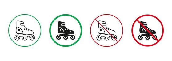 rolschaats lijn en silhouet pictogrammen set. rol vleet rood en groen tekens. toegestaan en verboden sport- schoenen pictogram. het schaatsen zone. geïsoleerd vector illustratie.