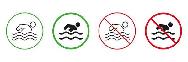 mensen zwemmen rood en groen waarschuwing tekens. zwemmer Aan strand lijn en silhouet pictogrammen set. toegestaan en verboden zwemmen zone pictogram. geïsoleerd vector illustratie.