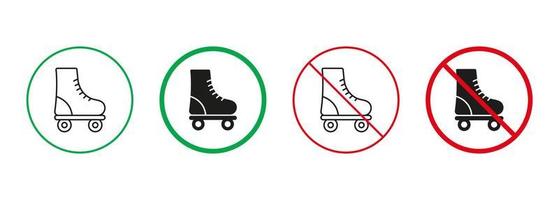 rol vleet rood en groen tekens. toegestaan en verboden sport- schoenen pictogram. het schaatsen zone. rolschaats plaats lijn en silhouet pictogrammen set. geïsoleerd vector illustratie.