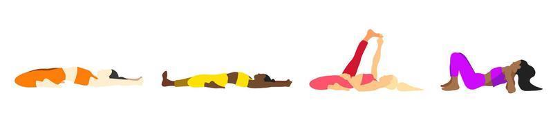 flexibiliteit yoga poses verzameling. Europese, Afrikaanse, Aziatisch vrouw, dame, vrouw, meisje. pilates, mentaal Gezondheid, opleiding, Sportschool. vector illustratie in tekenfilm vlak stijl geïsoleerd Aan wit achtergrond.