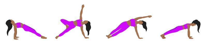 flexibiliteit yoga poses verzameling. Afrikaanse Amerikaans lang haar vrouw, dame, vrouw, meisje. pilates, mentaal Gezondheid, opleiding, Sportschool. vector illustratie in tekenfilm vlak stijl geïsoleerd Aan wit achtergrond.