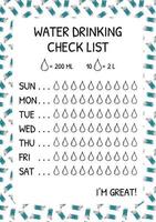 water tracker vector sjabloon. water drinken checklist met druppels. tekening bootle achtergrond. vector illustratie. tekening stijl.