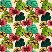 naadloos bloemen patroon met plumeria bloemen en tropisch bladeren vector