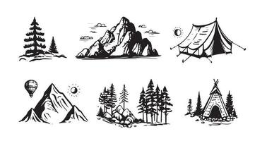 camping set, berg landschap, hand- getrokken stijl, vector illustratie.