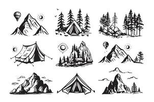 camping set, berg landschap, hand- getrokken stijl, vector illustratie.