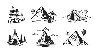 camping set, berg landschap, hand- getrokken stijl, vector illustratie.