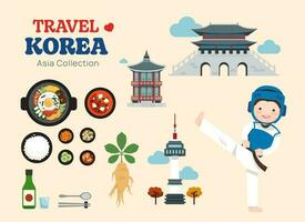 zuiden Korea vlak pictogrammen set. Koreaans traditioneel reizen kaart en oriëntatiepunten symbolen en voorwerpen vector