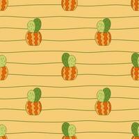 schattig cactussen in keramisch potten naadloos patroon. dun golvend lijnen achtergrond. knus tekening hand- getrokken huis planten afdrukken. perfect voor linnen decor huis textiel. vector illustratie.