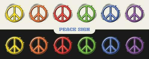 vrede teken met verf spatten. reeks van symbolen in regenboog kleuren in retro stijl. illustraties Aan zwart, wit achtergrond. mooi zo voor hip, hippie stijl vector