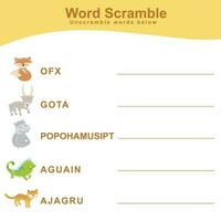 dieren spelling woord door elkaar haspelen. spelling woorden werkblad. leerzaam werkzaamheid voor peuter- kinderen. vector illustratie.