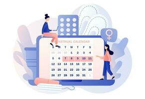 menstruatie periode. klein meisjes met maandelijks kalender Aan laptop scherm, menstruatie- beker, tampon en tabletten. menstruatie- bescherming en vrouwelijk hygiëne. modern vlak tekenfilm stijl. vector illustratie