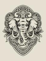 illustratie olifant hoofd met gravure ornament vector